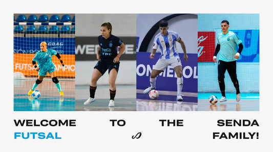 Four futsal players in action on a blue background, welcomed as new Senda ambassadors.