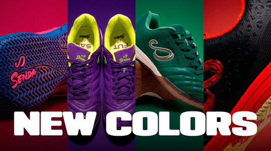 Close-ups of four Senda futsal shoes in new colors: Knockout Pink, Purple/Electric Green, Forest Green, and Black Camo. Text reads “New Colors.”