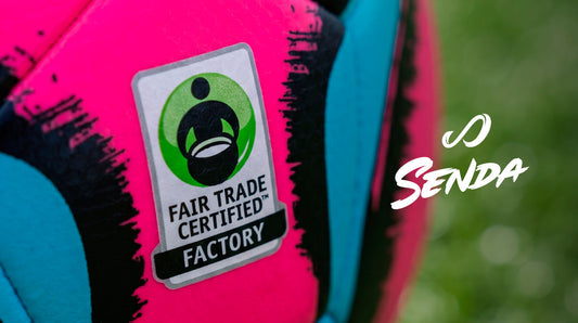 close up image of fair trade certified factory ball with Senda logo