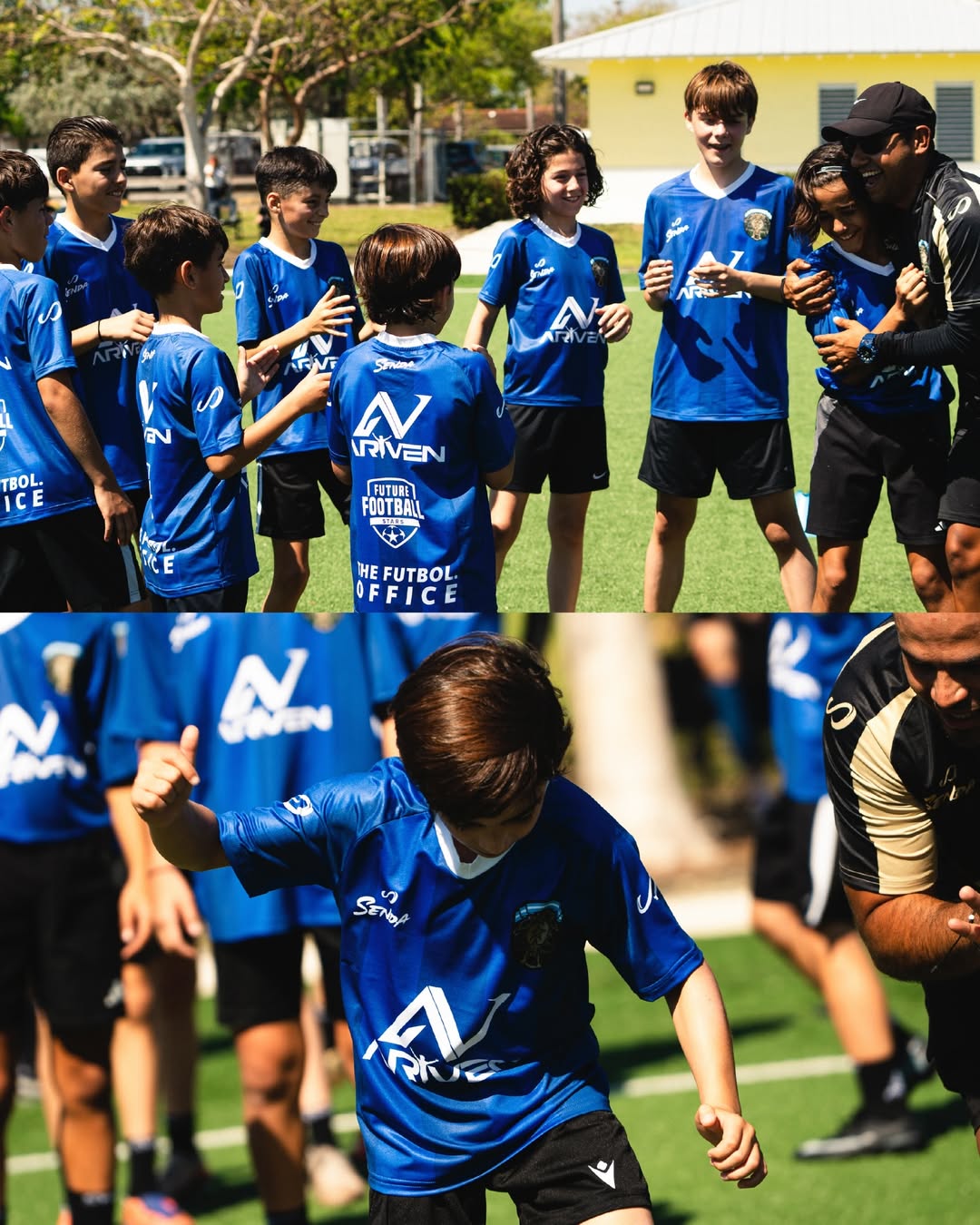 Children in blue sports Senda jerseys with a logo on a grass field, likely participating in Mario Kempes Soccer Clinic.