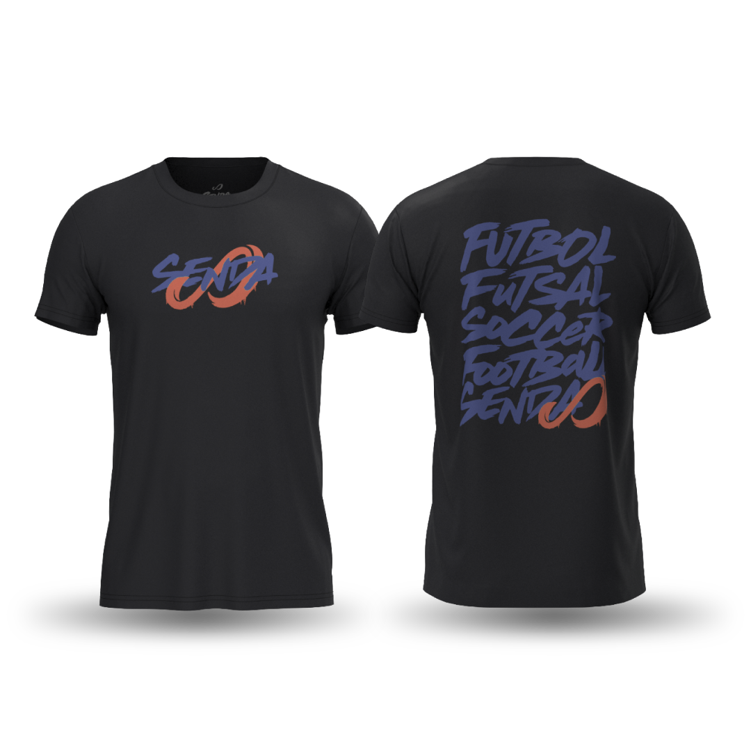 Black t-shirt with 'Seva' and sports text design on a white background. Senda Lifestyle Apparel Collection