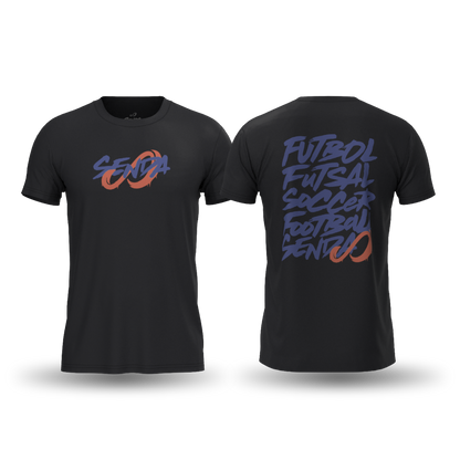 Black t-shirt with 'Seva' and sports text design on a white background. Senda Lifestyle Apparel Collection