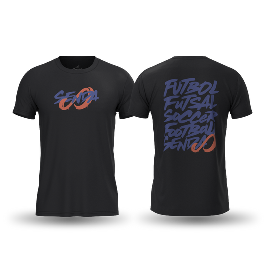 Black t-shirt with 'Seva' and sports text design on a white background. Senda Lifestyle Apparel Collection