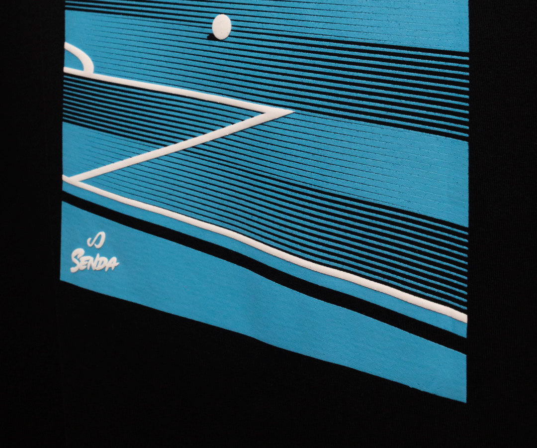 Blue and white abstract design with 'Serena' branding on a black background. Senda Lifestyle Apparel Collection