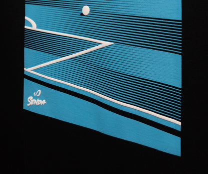 Blue and white abstract design with 'Serena' branding on a black background. Senda Lifestyle Apparel Collection
