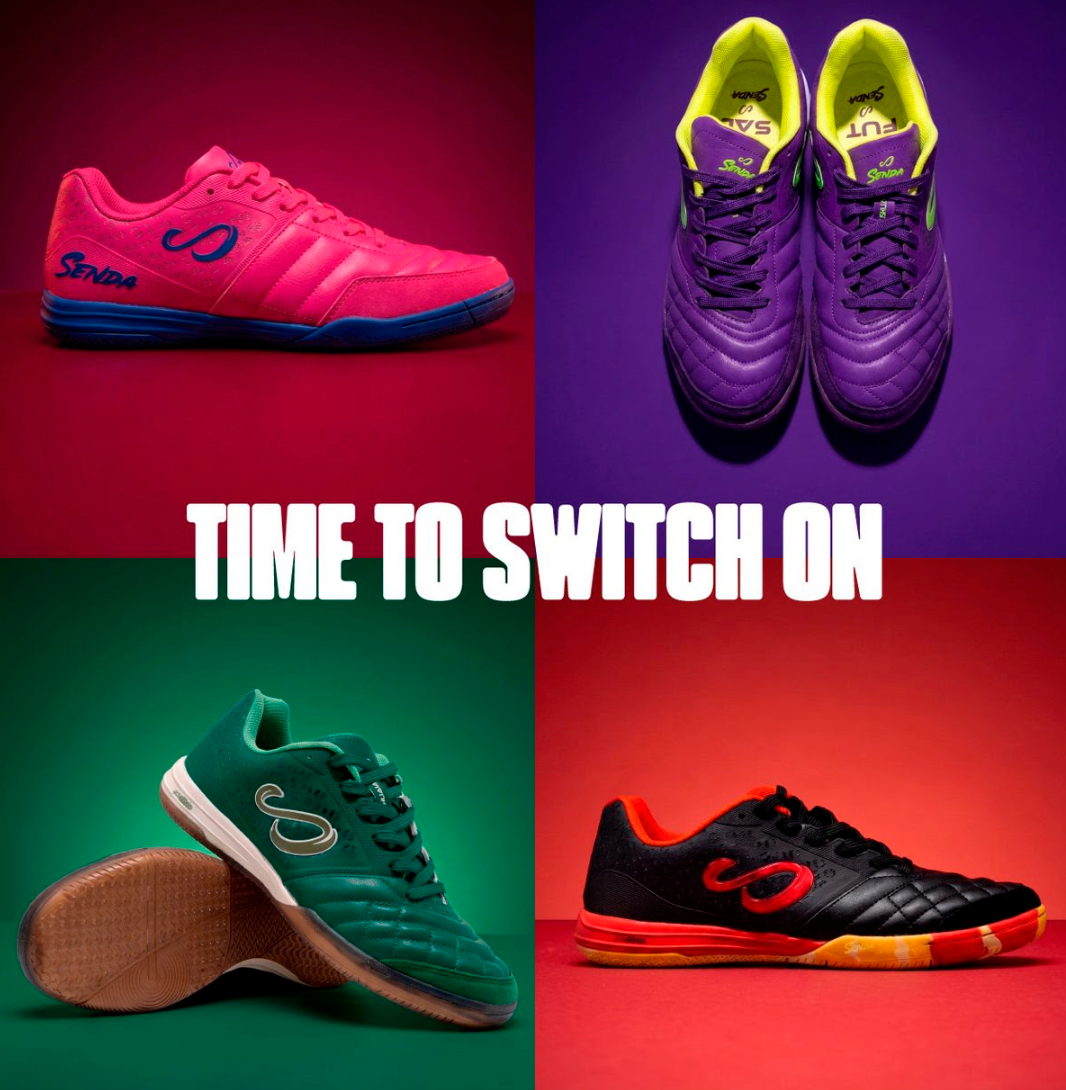 Four Senda futsal shoes in a color-block grid: Knockout Pink, Purple/Electric Green, Forest Green, and Black Camo. Text reads “Time to Switch On.”