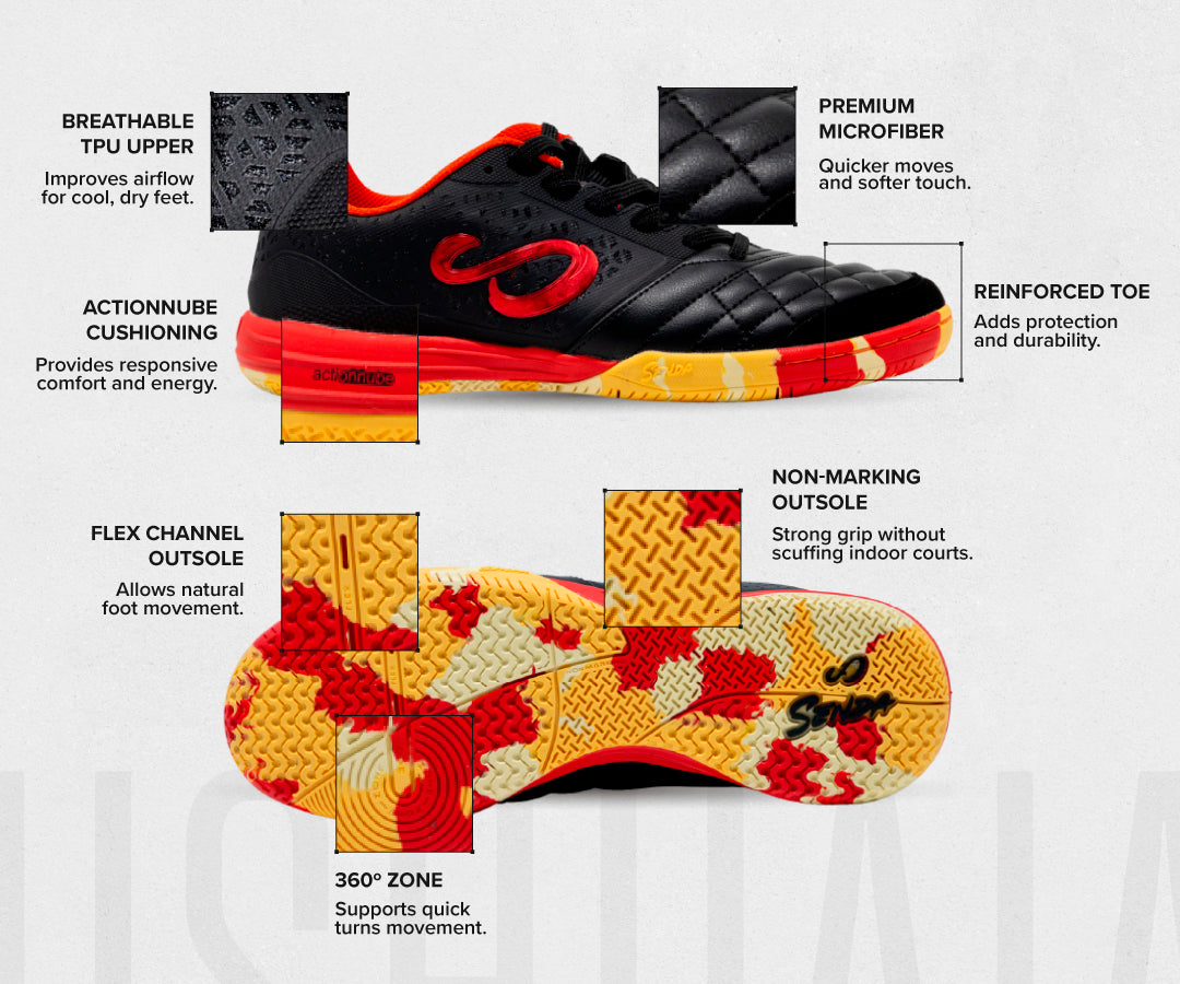 Senda Ushuaia Pro 2.0 futsal shoe in Black Camo with red orange and yellow, shown from the side and from below, with labeled features: breathable TPU upper, premium microfiber, reinforced toe, ActionNube cushioning, flex channel outsole, 360° zone for quick turns, and non-marking outsole.
