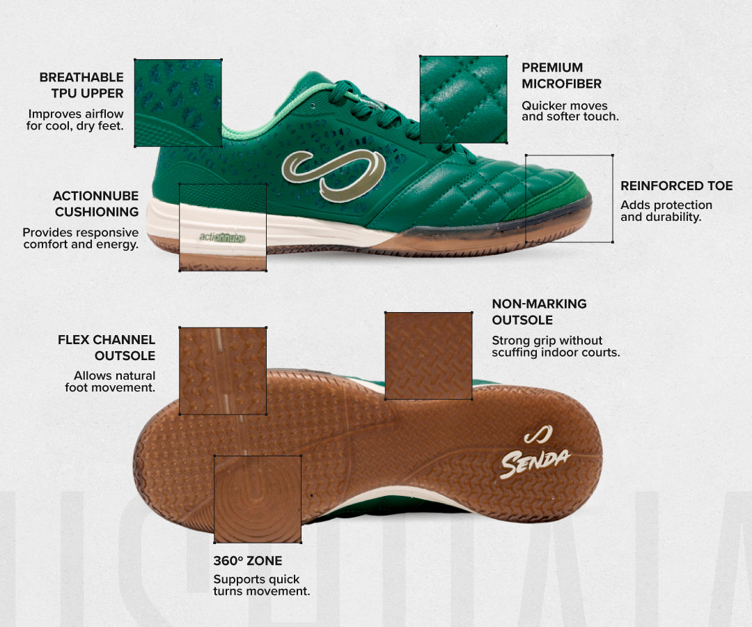 Senda Ushuaia Pro 2.0 futsal shoe in forest green, shown from the side and from below, with labeled features: breathable TPU upper, premium microfiber, reinforced toe, ActionNube cushioning, flex channel outsole, 360° zone for quick turns, and non-marking outsole.