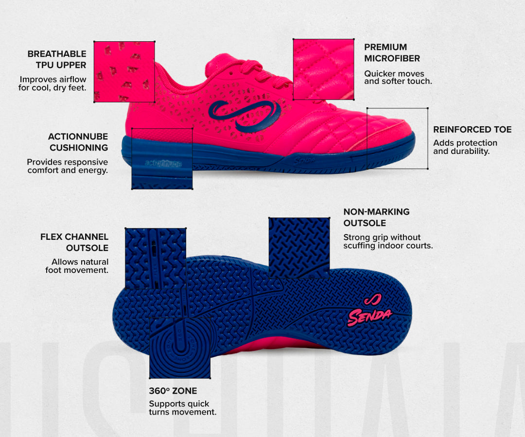 Senda Ushuaia Pro 2.0 futsal shoe in Knockout Pink with a blue sole, shown from the side and from below, with labeled features: breathable TPU upper, premium microfiber, reinforced toe, ActionNube cushioning, flex channel outsole, 360° zone for quick turns, and non-marking outsole.