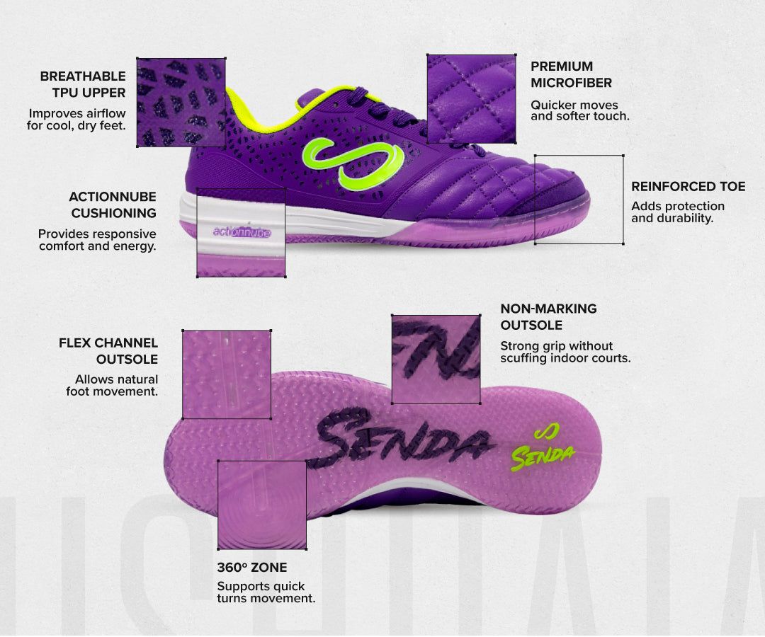 Senda Ushuaia Pro 2.0 futsal shoe in Purple and electric green, shown from the side and from below, with labeled features: breathable TPU upper, premium microfiber, reinforced toe, ActionNube cushioning, flex channel outsole, 360° zone for quick turns, and non-marking outsole.
