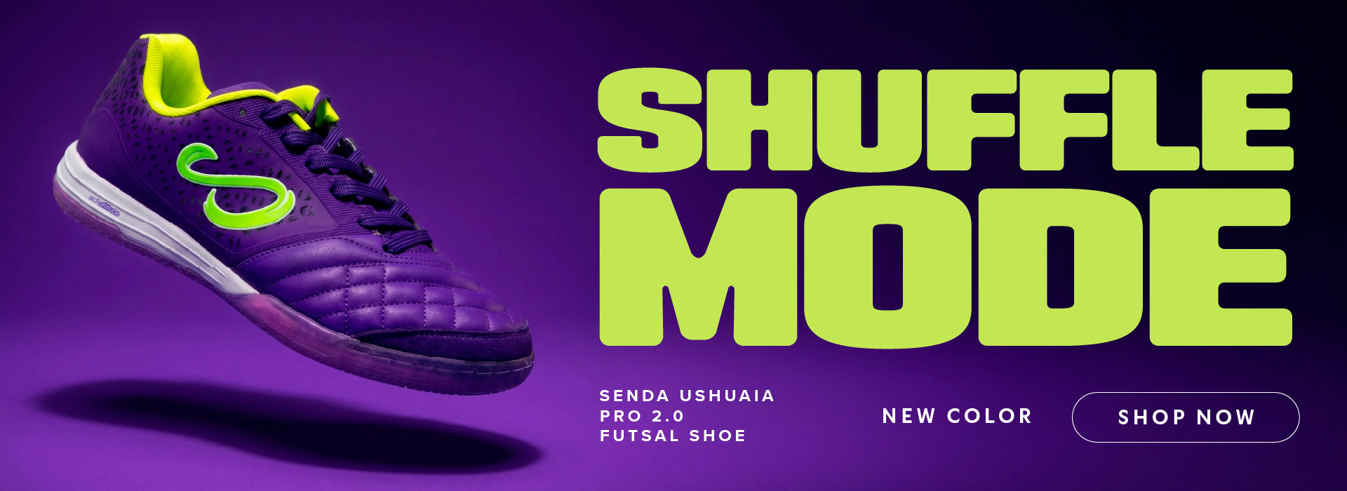 Senda Ushuaia Pro 2.0 Futsal shoe - new color - shuffle mode banner on purple background