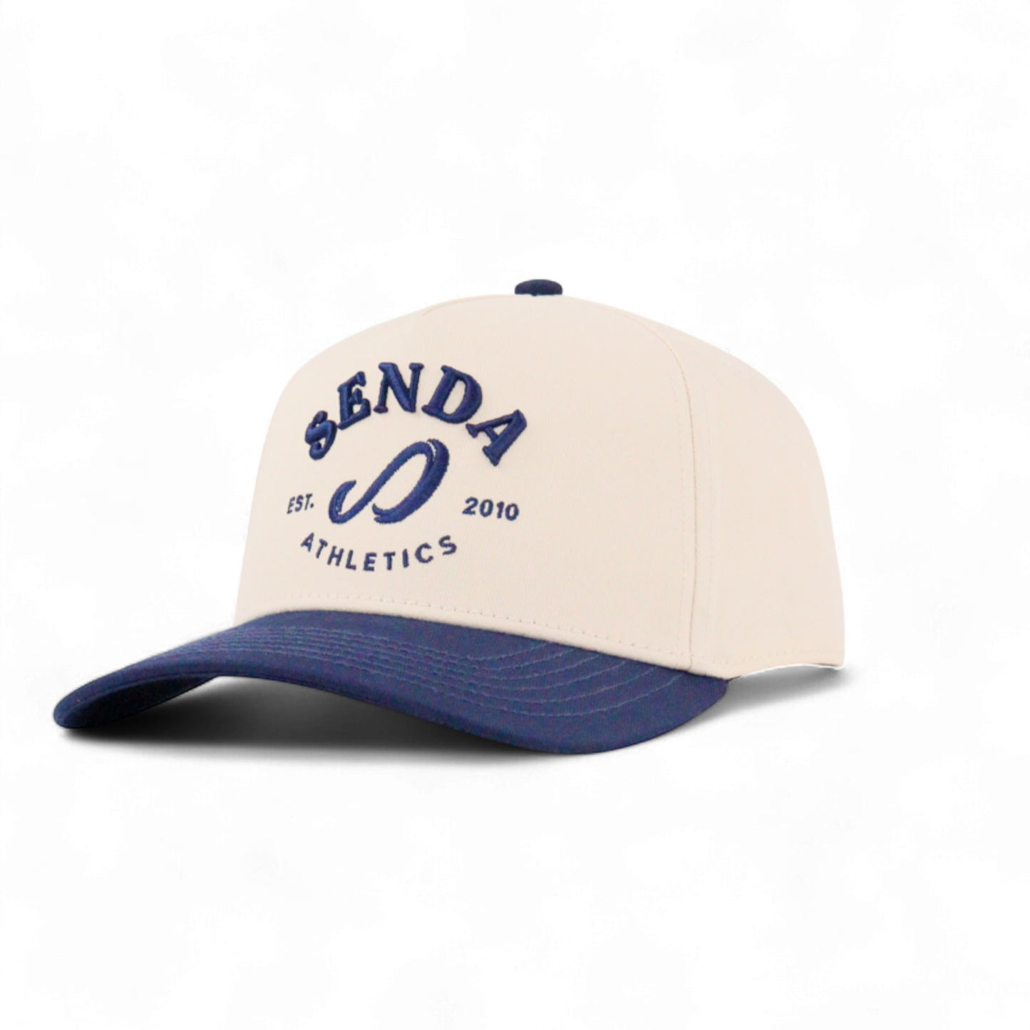 Beige and blue cap with 'Senda Athletics' branding on a white background