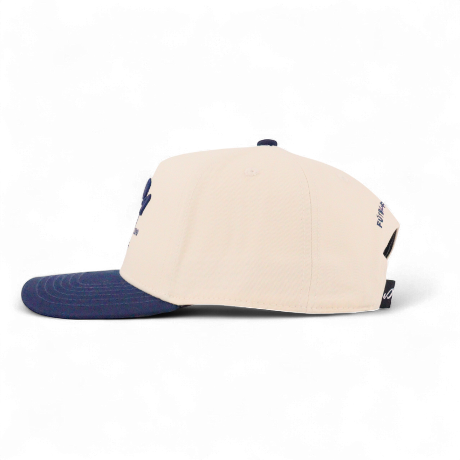 Beige and navy cap on a white background