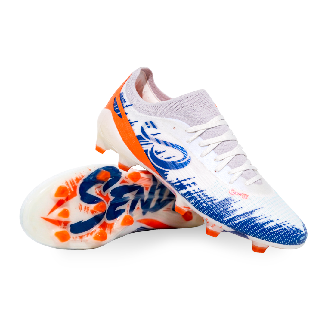 Pair of soccer cleats with blue and orange design on a white background