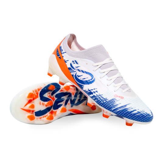 Pair of soccer cleats with blue and orange design on a white background