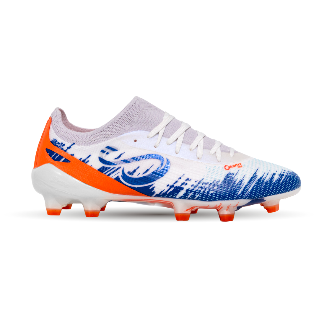 White soccer cleat with blue and orange accents on a white background and Senda gravity  grip technology