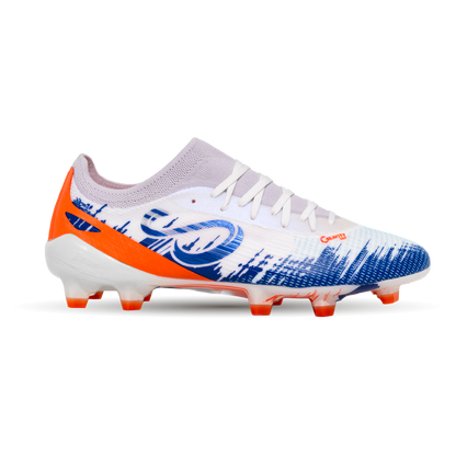 White soccer cleat with blue and orange accents on a white background and Senda gravity  grip technology
