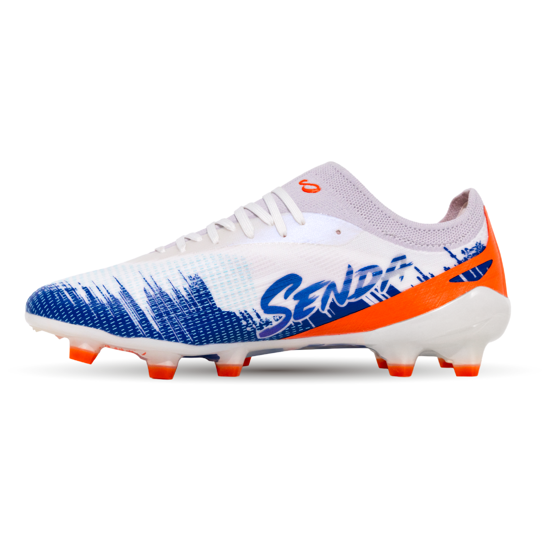 Senda white soccer cleat with blue and orange accents on a white background 
