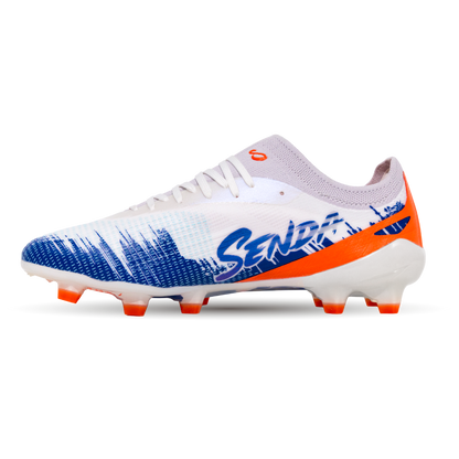 Senda white soccer cleat with blue and orange accents on a white background 