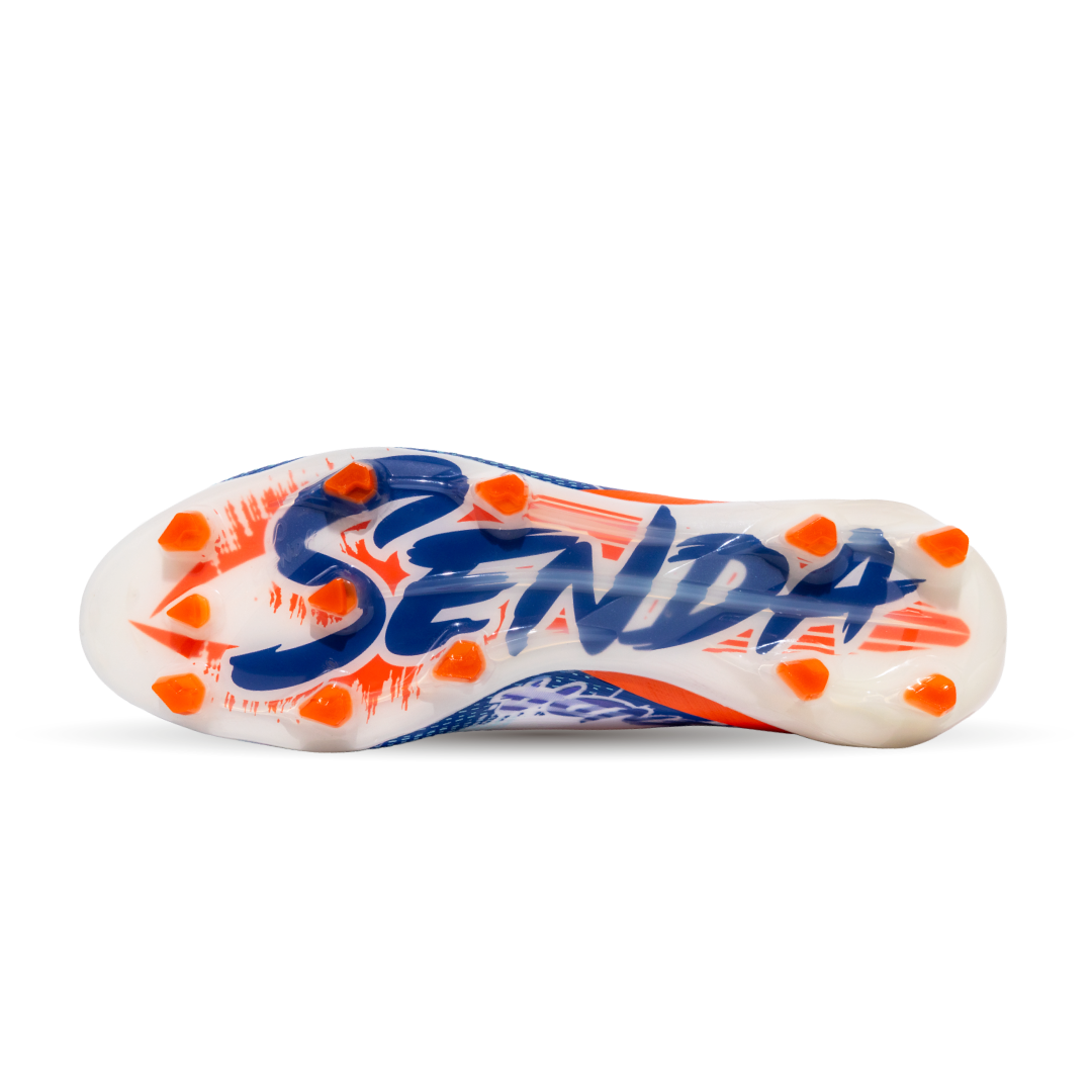 Senda sports sole cleat with orange and blue design on a white background