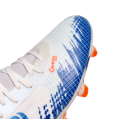 White soccer cleat with blue pattern and orange accents on a white background with Senda Gravity  Grip technology