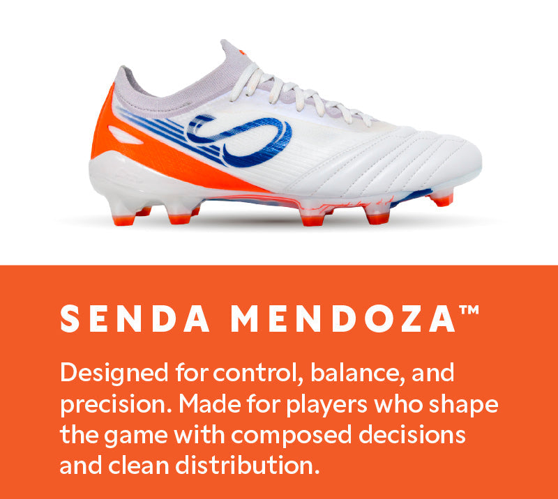 Soccer shoe with Senda Mendoza branding on a white background