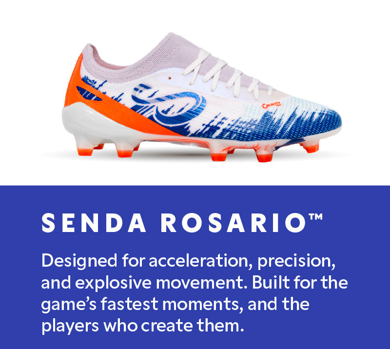 Senda Rosario soccer cleat with promotional text on a white background